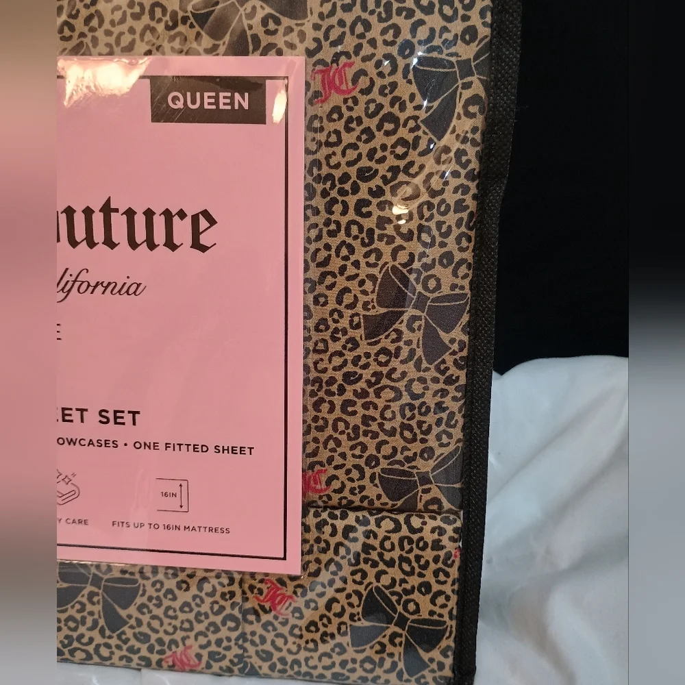 New Juicy Couture Leopard Print Bow & Logo Sheet Set Size Queen
